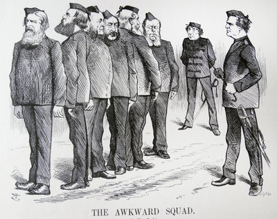 DET TABBLIGA TRUPPET. Tecknad John Tenniel. Svårigheterna som Disraeli hade med olika åsikter i sitt kabinett om politiken för det rysk-turkiska kriget av John Tenniel