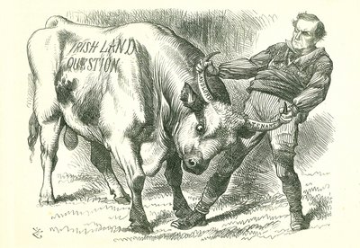 Att ta den (irländska) tjuren vid hornen: Lagförslaget antogs av parlamentet den 15 februari 1870 och fick kungligt samtycke den 8 juli. William Gladstone, premiärminister, som behandlar frågan. John Tenniel tecknad från Punch, London, 26 februari 1870. av John Tenniel