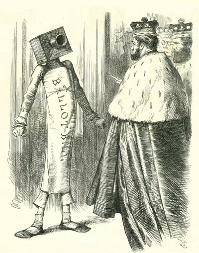 Valsedeln som står upp till House of Lords. John Tenniel tecknad film från 