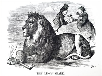 Den brittiska regeringen bemyndigar familjen Rothschild att köpa ut aktier i Suezkanalen. av John Tenniel