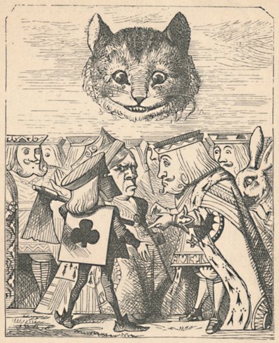 Cheshire Cat tittar ner på de röda kungen och drottningen som bråkar, 1889 av John Tenniel