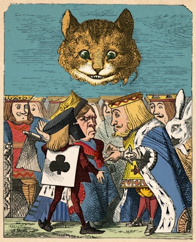 Cheshire Cat tittar ner på de röda kungen och drottningen som bråkar, 1889 av John Tenniel