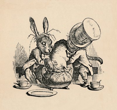 Den galna hattmakaren och marsharen försöker stoppa dormusen i en tekanna, 1889 av John Tenniel