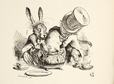 Den galna hattmakaren och marsharen sätter in murmeldjuret i tekannan, från Alices äventyr i underlandet av Lewis Carroll (1832 - 98), pub. 1891 av John Tenniel