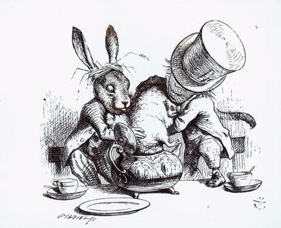 Den galna hattmakaren och marsharen som lägger dormusen i tekannan, illustration från "Alice
