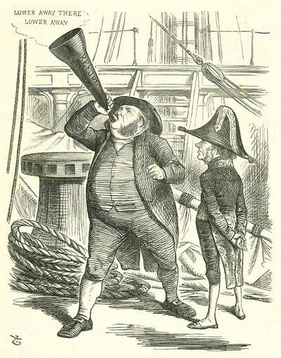 The Officious Passenger: Reform of Parliament - förlängning av franchisen. Premiärministern, Lord John Russell, ber John Bright att sluta basunera ut reformpropositionen. Russell besegrade av parlamentet på reformpropositionen i maj 1866. John Tenniel teck av John Tenniel