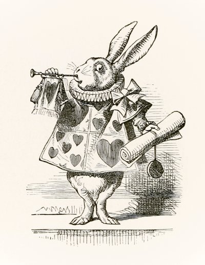 The White Rabbit med trumpet och rulla som förebådar anklagelsen, från "Alice i Underlandet" av Lewis Carroll publicerad första gången 1865 av John Tenniel
