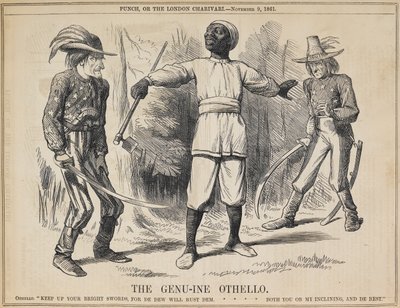 "Den genuina Othello". En svart fälthand kommer mellan presidenterna Lincoln och Davis och antar karaktären av Othello. Han vädjar till de två stridande styrkorna att omsluta sina vapen, talar linjer dragna från två separata passager i akt I, scen 2 [l av John Tenniel