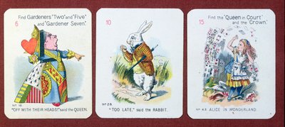 Tre "Happy Family"-kort som visar karaktärer från "Alice i Underlandet" av Lewis Carroll av John Tenniel
