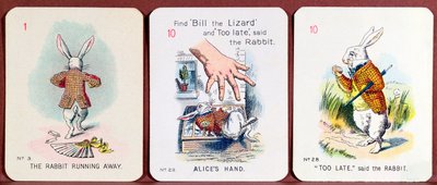 Tre Happy Family-kort som föreställer karaktärer från Alice i Underlandet av Lewis Carroll av John Tenniel
