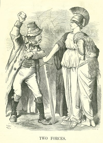 Två styrkor: Irish Land League förbjuden. Britannia skyddar Hibernia (Irland) med lagens kraft mot anarkins kraft. John Tenniel tecknad från Punch, London, 29 oktober 1881. av John Tenniel