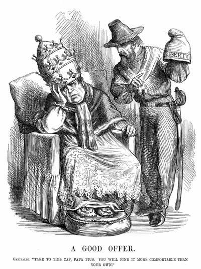 Enande av Italien: Giuseppe Garibaldi (180718-82) försöker övertyga påven Pius IX om att Frihetsmössan skulle vara mycket bekvämare än den påvliga kronan. John Tenniel tecknad från Punch, London, 29 september 1860. Trästick. av John Tenniel