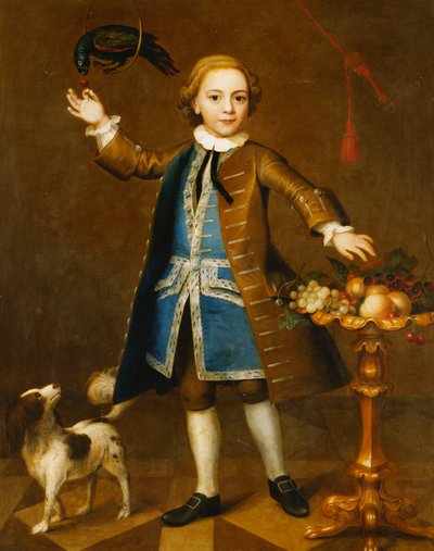 Porträtt av en pojke, hellängd, i en brun rock, blå väst med silverfläta, hålla ett körsbär mot en papegoja, en spaniel vid sidan av, med frukter på ett stativ, 1741 av John Theodore Heins