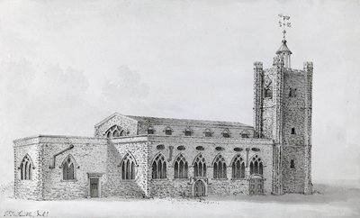 Gamla St Giles kyrka, ca 1718 (gravyr) av John Thomas (after) Smith