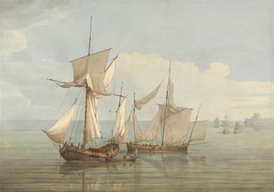 En Hoy och en Lugger med annan sjöfart på ett lugnt hav av John Thomas Serres