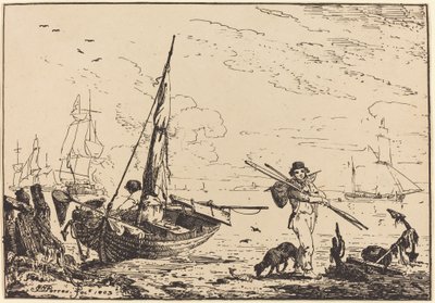 Marine: Fiskebåtar på land, man med åror, skepp på avstånd av John Thomas Serres