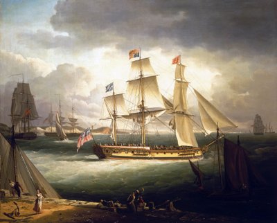 Den kungliga yachten "Royal Sovereign" ankrar utanför en hamnkust av John Thomas Serres