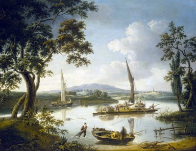 Utsikt över Themsen i Shillingford (England) med Dorchester Abbey i horisonten. Olja på duk av John Thomas Serres