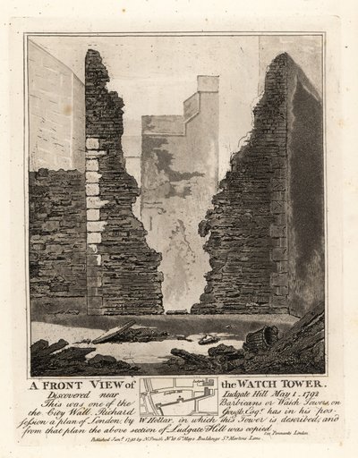 Framifrån av Vakttornet eller Barbican i stadsmuren upptäckt nära Ludgate Hill, 1 maj 1792 av John Thomas Smith