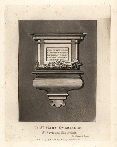 Gravbild och monument till den hederlige mannen William Emerson, död 1575, i St Mary Overie