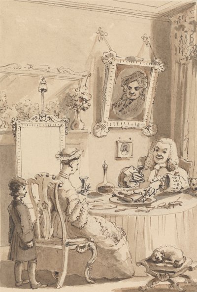 Hogarth dricker det första glaset vin med sin fru - deras hundar håller respektfullt avstånd av John Thomas Smith