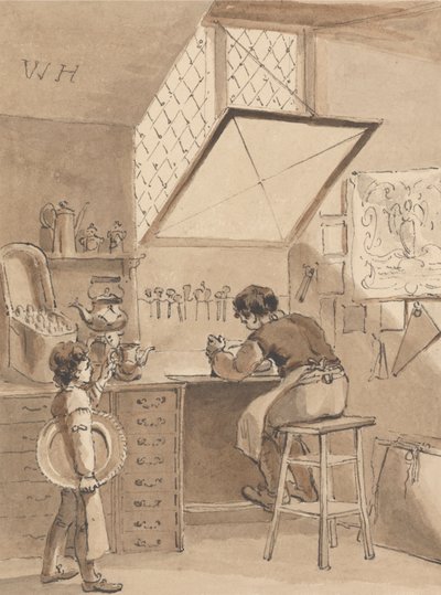 Hogarth graverar sin mästares butik-billa ängelns tecken av John Thomas Smith