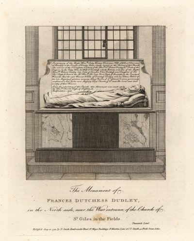 Monument över Lady Frances Kniveton, hertiginnan av Dudley, fru till Sir Gilbert Kniveton, i kyrkan St Giles in the Fields av John Thomas Smith