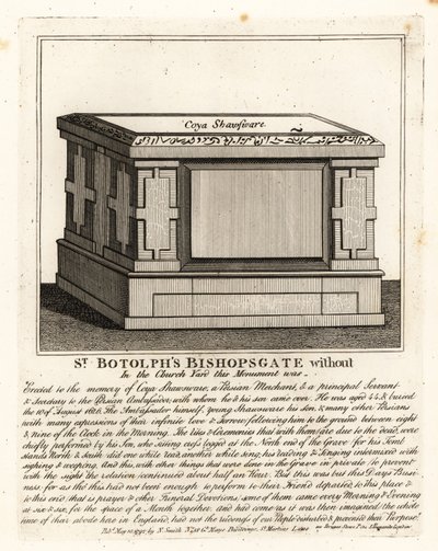 Muslimsk gravmonument i altarstil till Coya Shawsware, eller Khwaja Shahsuwar (1582-1626), en köpman och sekreterare till Nogdi tigger den persiske ambassadören, tidigare i St Botolphs, Bishopsgate av John Thomas Smith