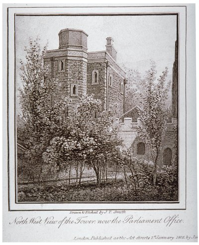 Nordvästlig vy av Jewel Tower, Old Palace Yard, Westminster, London, c1805 av John Thomas Smith