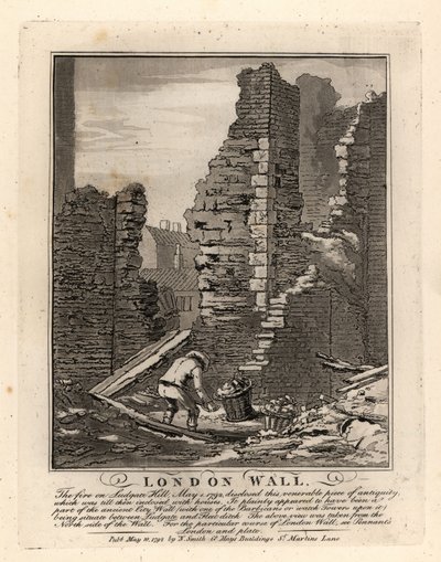 Ruinerna av den romerska Londonmuren exponerade vid branden i maj 1792 på Ludgate Hill av John Thomas Smith
