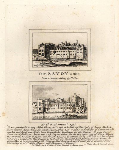 Savoy Hospital 1650 från ett tryck av Wenceslaus Hollar och i ruiner 1792 av John Thomas Smith