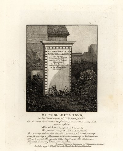 Grav av kungliga gravören William Woollett, död 1735, på kyrkogården i St Pancras, Middlesex av John Thomas Smith