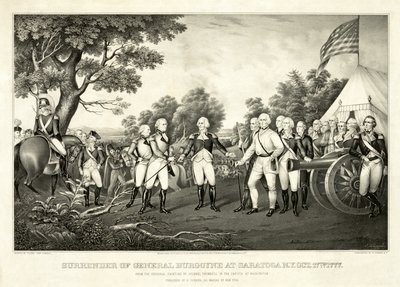 General Burgoynes kapitulation i Saratoga, N.Y., 17 oktober 1777, pub. N. Currier av John Trumbull