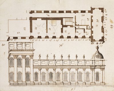 Castle Howard, Yorkshire: An Early Design for the three Bays of the Elevation of the South eller Garden Front och nio Bay envånings lägre laterala vingar med en insättning av grundplanen, c.1699 (penna av John Vanbrugh