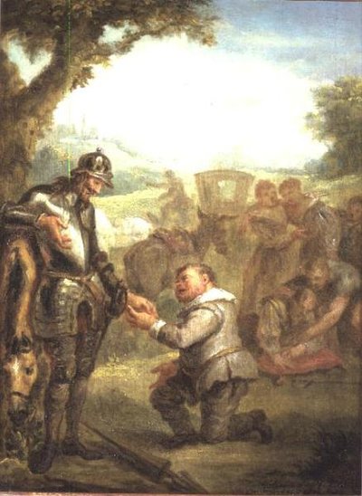 Don Quijote efter duellen med den modige Biscayan lutar sig mot sin häst Rosinante, medan Sancho Panchez ber om guvernörskap på ön Barataria, scen från Cervantes 