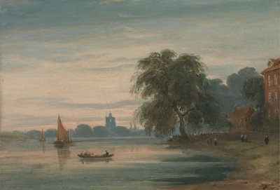 Utsikt längs Themsen mot Chelsea Old Church av John Varley