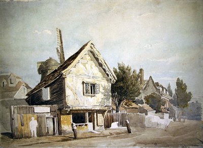 En gata med gamla hus, en väderkvarn bortom (akvarell på papper) av John Varley