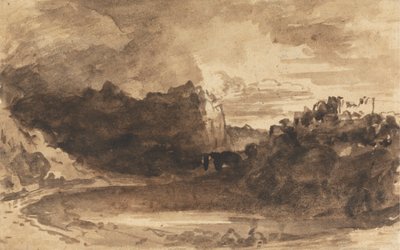 Romantiskt landskap med klippor och ett slott av John Varley