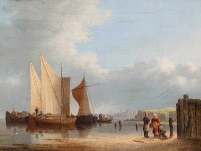 Holländska båtar i ett lugn (olja på pannå) av John Ward