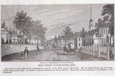 Main street i Worcester, från "Historical Collections of Massachusetts", av John Warner Barber, graverad av J. Downes, 1839 av John Warner Barber