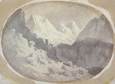 Alpine Scene (grå tvätt över grafit på papper) av John Warwick Smith