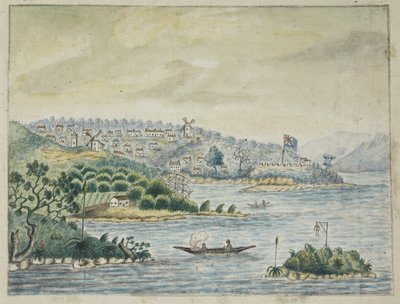 Lägg till. 13880, f.79 Utsikt över en brittisk koloni. I förgrunden, infödda i en kanot, från en Journal som fördes ombord på Minerva-transporten, från Irland till New South Wales och Bengal, av John Washington Price av John Washington Price