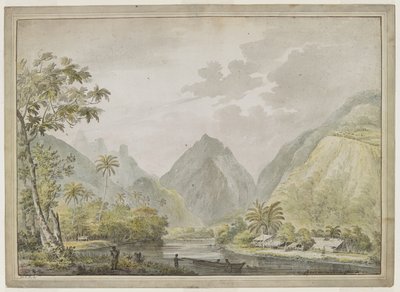 En vy som tittar uppför floden Vaitepiha med två tahitianare i en kanot i förgrunden och två andra på stranden. Tahitiska hus till höger. augusti 1777 av John Webber