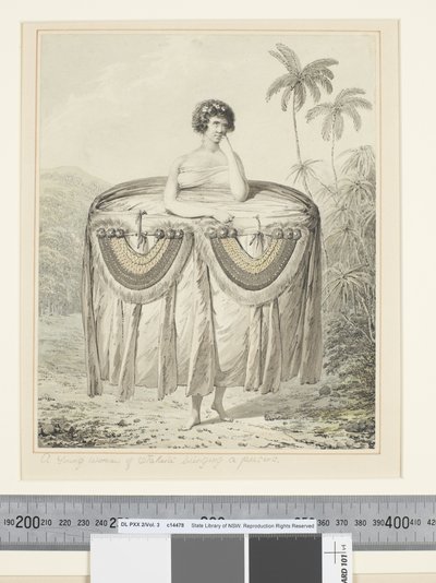 F.12 En ung kvinna från Otaheite kommer med en present, ca 1773-84 (akvarell) av John Webber