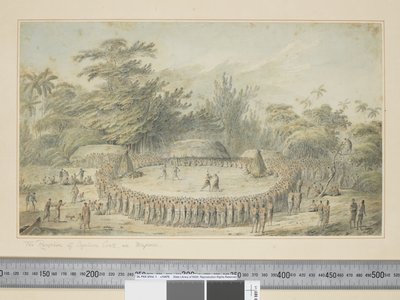 F.4 Mottagandet av kapten Cook i Hapaee, ca 1773-84 (akvarell & tryckgravyrer) av John Webber