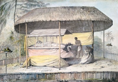 Begravning med den avlidne under trädkrona, Tahiti, Society Islands, akvarell av John Webber (1750-1793) från beskrivningen av kapten James Cooks sista resa (1776-1779), Polynesien av John Webber