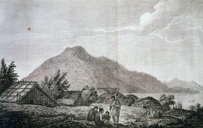 Inuti hippa på ön Motuara, baserad på ritning av John Webber (1750-1793), från berättelsen om James Cooks senaste resa (1776-1779). gravyr av John Webber
