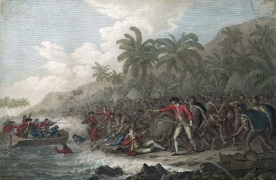 Kapten James Cook (1728-1779, brittisk upptäcktsresande) dödad av Hawaiianer, i Kealakekua Bay, på Sandwichöarna (Polynesien), 1779 - Kapten James Cooks död den 14 februari av John Webber