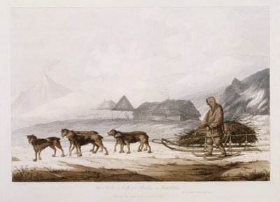 Nartan, eller Sledge for Burdens i Kamtschatka, från "Views in the South Seas", pub. 1789 av John Webber