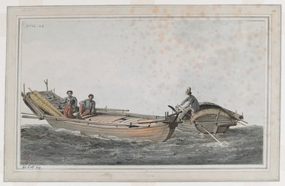 Två små båtar, med tre figurer i den ena, två i den andra. av John Webber